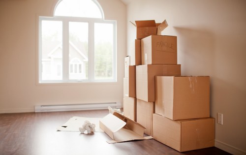 Packed office equipment ready for transport during a Cranford move