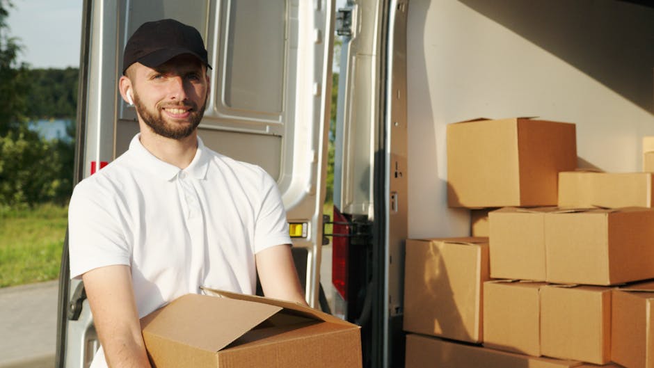 A smiling man wearing a white polo shirt and black cap is standing outdoors beside a van during a home relocation process. He is holding a medium-sized cardboard box, with several other packed boxes stacked inside the open rear door of the van. The boxes are made of cardboard and are sealed with packing tape. The van is positioned on a paved surface near a grassy area with trees and water visible in the background. Inside the van, additional boxes and packing materials, such as plastic wraps or protective padding, may be present, indicating an ongoing packing and loading process. The scene captures the logistics of furniture transport and packing during a professional move, with a focus on the careful handling of household items. [COMPANY_NAME], an experienced removals service, is involved in this home relocation effort, demonstrating the typical steps of loading boxes into a van for efficient transportation to a new property.